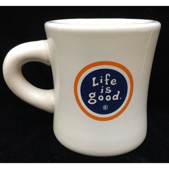 Life Is Good Ceramic Coffee Mug DIner Style White 12 Oz Blue/Orange Logo Quote - Picture 1 of 5